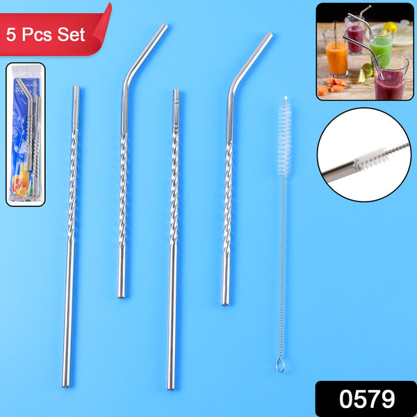 Set of 4 Stainless Steel Straws & Brush (2 Straight straws, 2 Bent straws, 1 Brush)